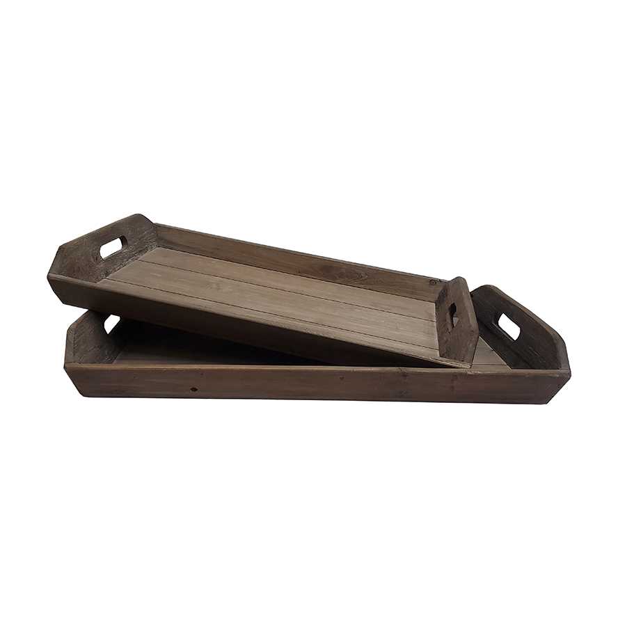 25.25"L Wooden Serving Tray, Decorative Tray with Open Handle, Set of 2