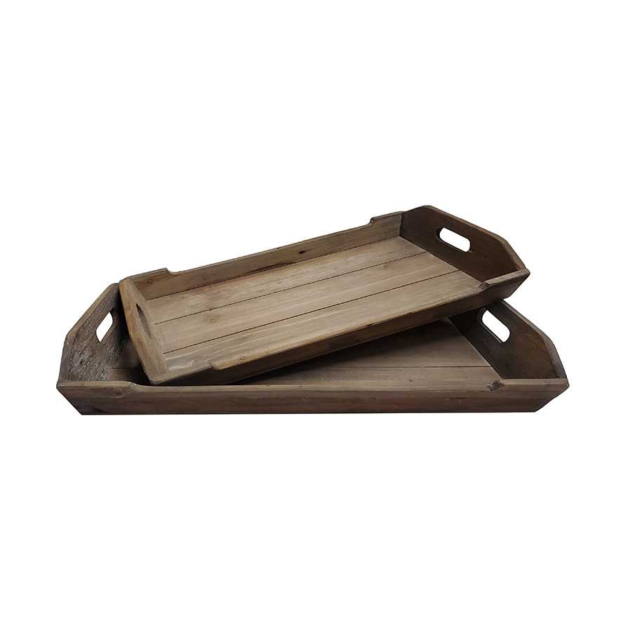 25.5"L Wooden Serving Tray, Decorative Tray with Open Handle, Set of 2
