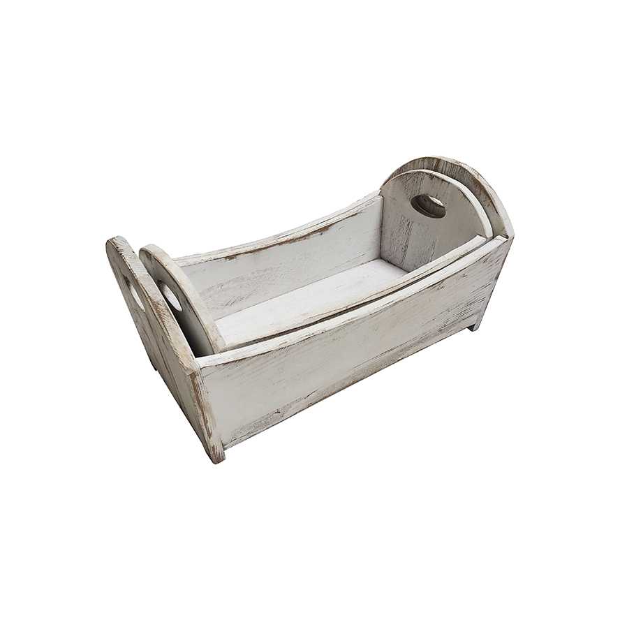 20.5"L Distressed White Wooden Basket, Large Container, Set of 2
