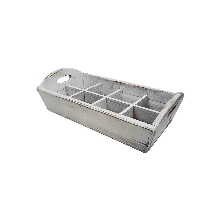 19"L Long Distressed White Wooden Planters Caddy with 8 Sections