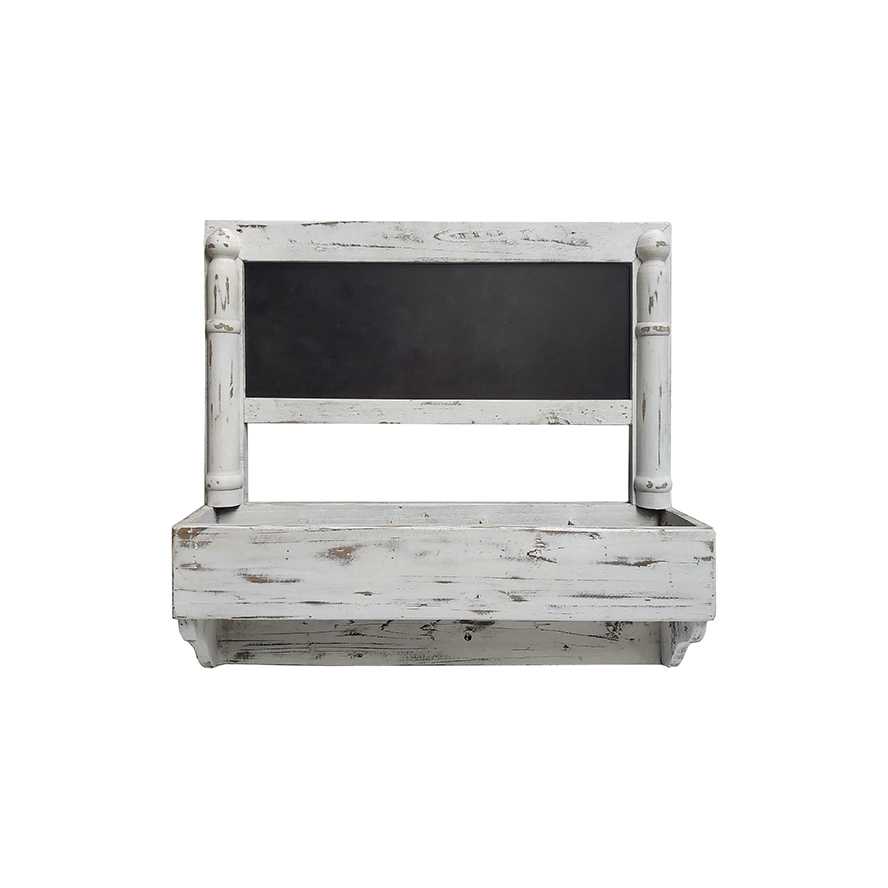 23.25"L Distressed White Wooden Wall Shelf with Blackboard