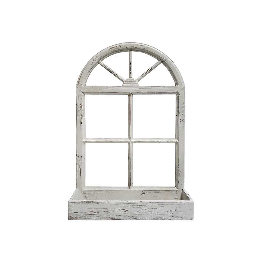 30"H Distressed White Window Arch, Wall Organizer, Shelf Storage with Round Top