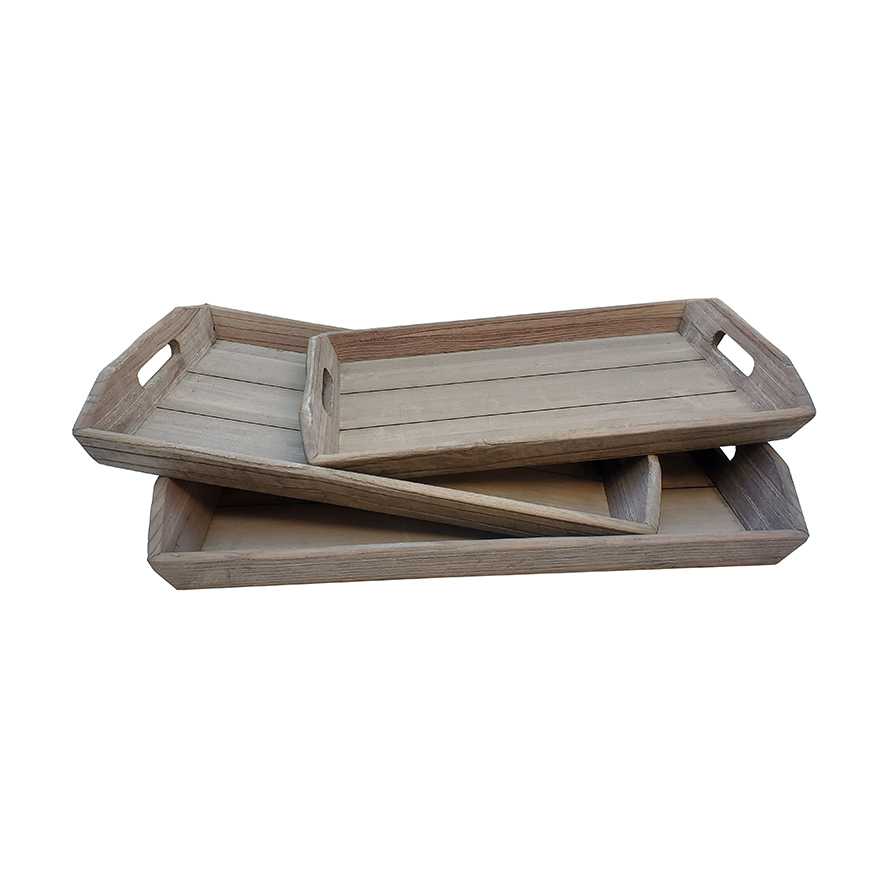 24.5"L Reclaimed Boat Wood Set Serving Tray, Decorative Tray with Open Hanldes, Set of 3