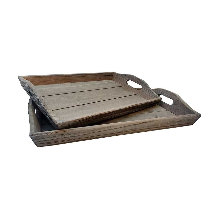 21.25"L Reclaimed Boat Wood Set Serving Tray, Decorative Tray with Open Hanldes, Set of 2