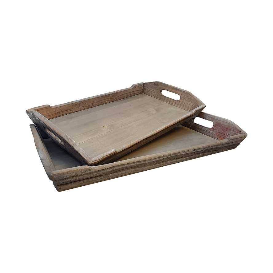 23.5"L Reclaimed Boat Wood Set Serving Tray, Decorative Tray with Open Hanldes, Set of 2