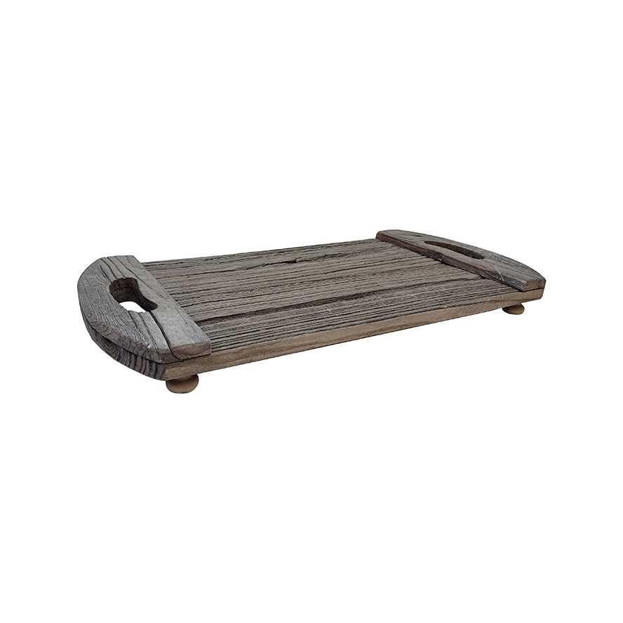 21.5"L Reclaimed Boat Wood Set Serving Tray Stand, Decorative Tray, Riser with Open Hanldes