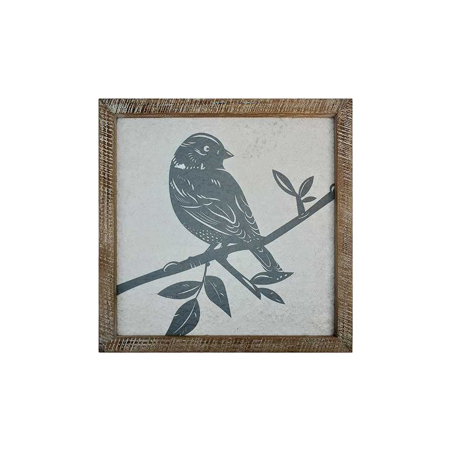 13"L Square White Wash Reclaimed Wood Bird Framed Print