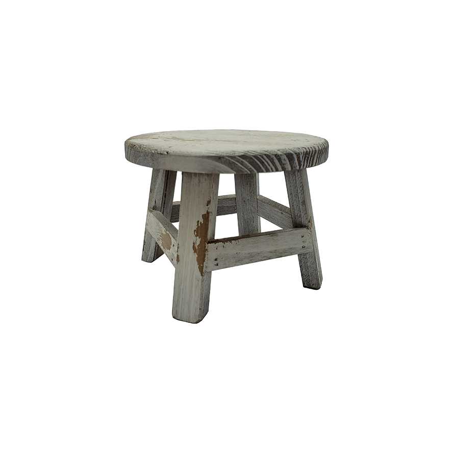 7"L Round Distressed White Small Stool / Planter Stand