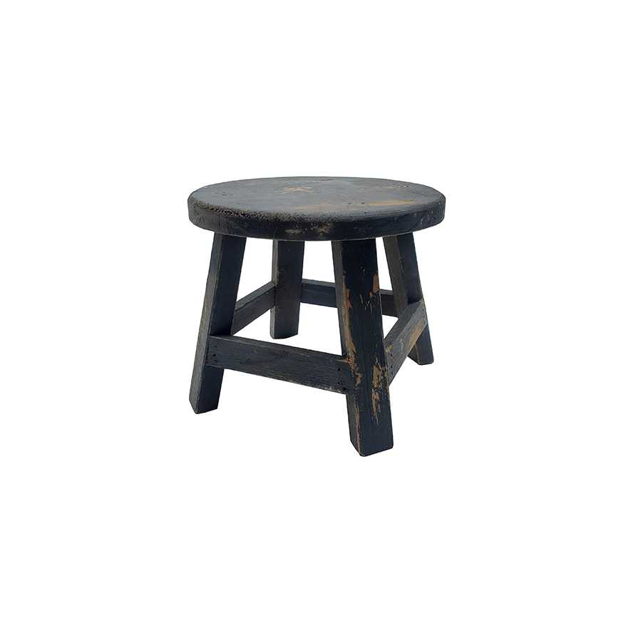 7"L Round Distressed Black Small Stool / Planter Stand