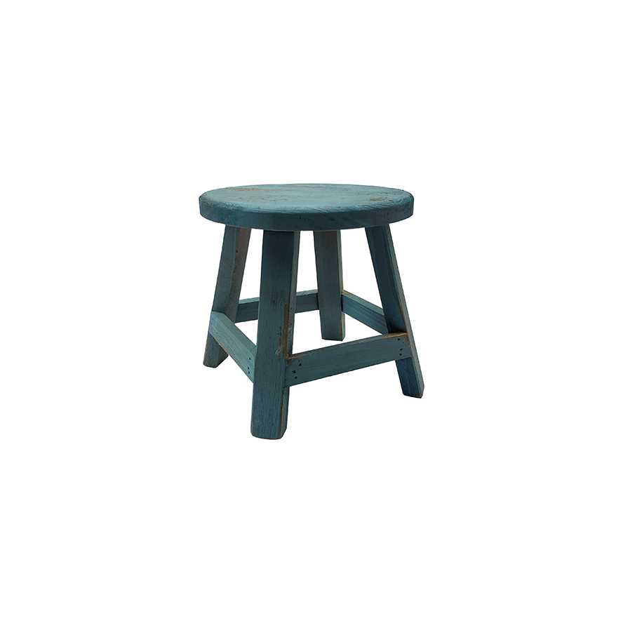 7"L Round Distressed Blue Small Stool / Planter Stand