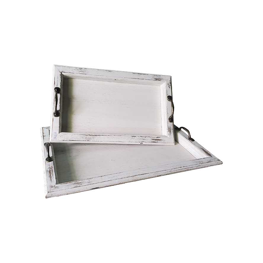 23.5"L Distressed White Wood Tray with Metal Handles