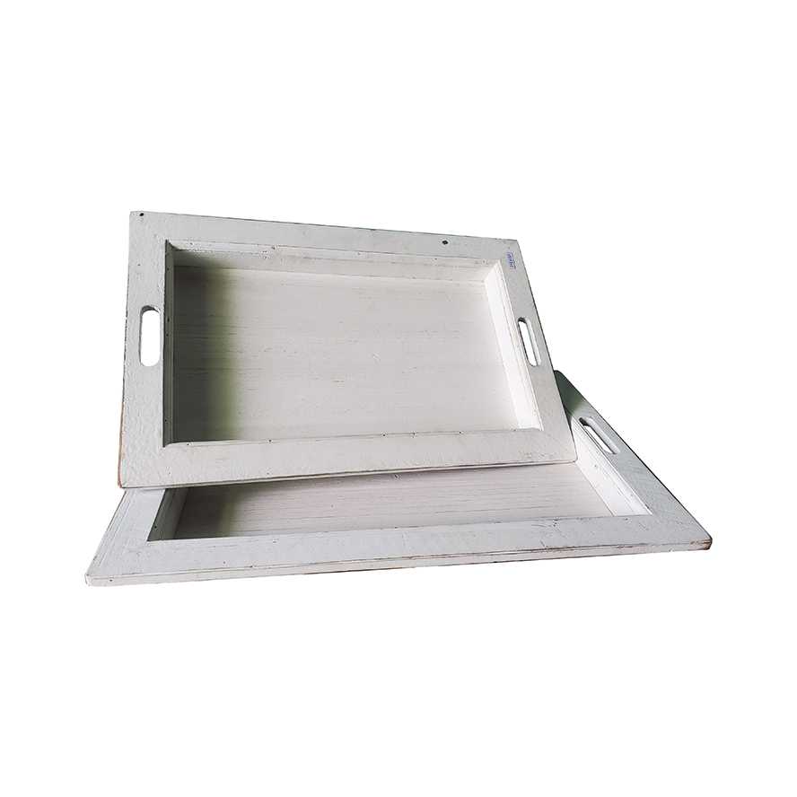 23.5"L Distressed White Wood Tray with Open Handles