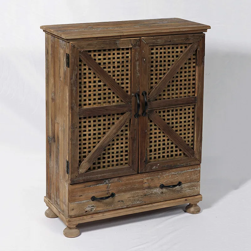 36.25"H Reclaimed Wood Vintage Cabinet with Woven Bamboo Door