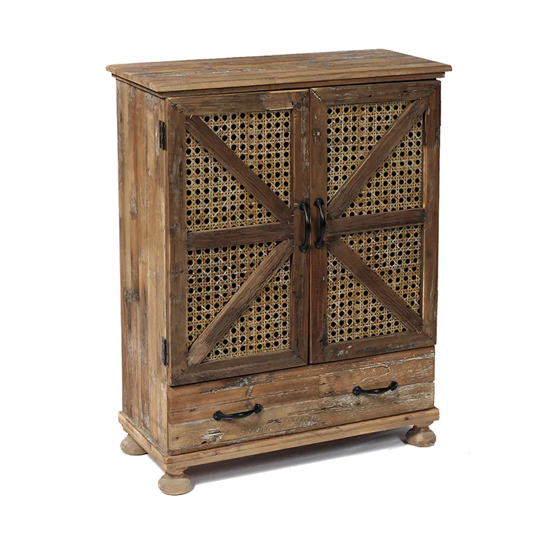36.25"H Reclaimed Wood Vintage Cabinet with Woven Rattan Door