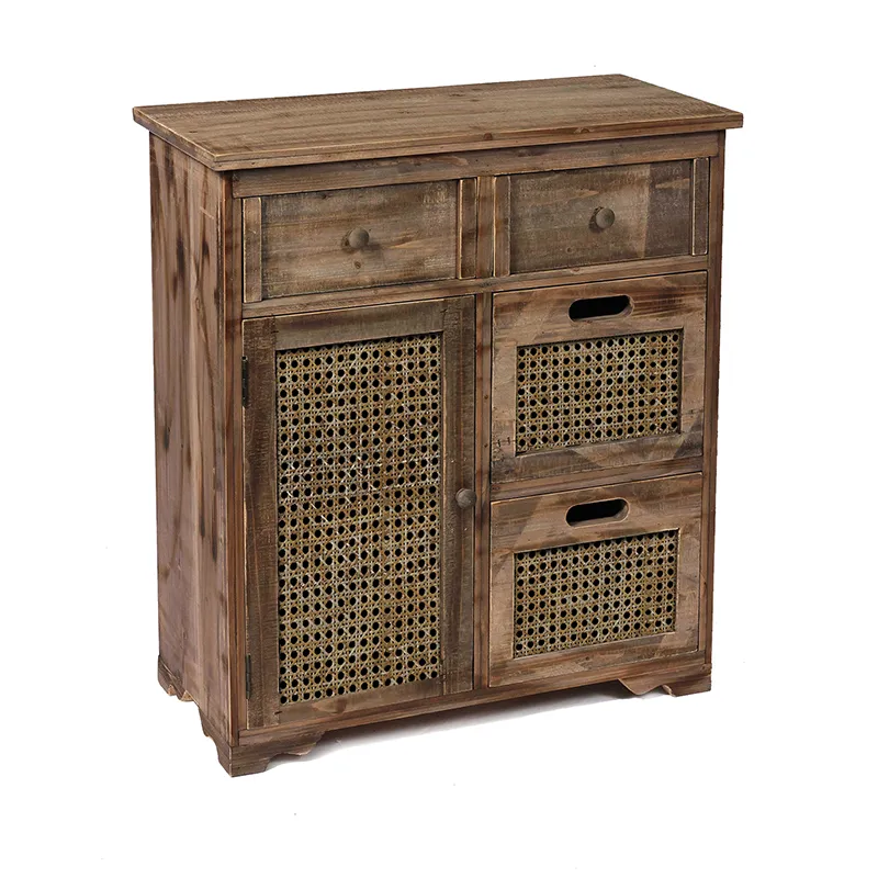 32.5"H Reclaimed Wood Vintage Cabinet with Woven Rattan Door & 2 Baskets