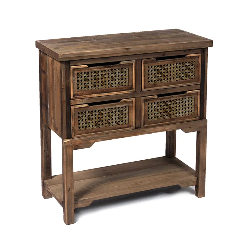 31.5"H Vintage Reclaimed Wood Cabinet,  4-Drawer Console with Woven Bamboo Door