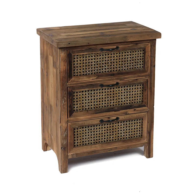 29.5"H Vintage Reclaimed Wood 3-Drawer  Cabinet with Woven Bamboo Door