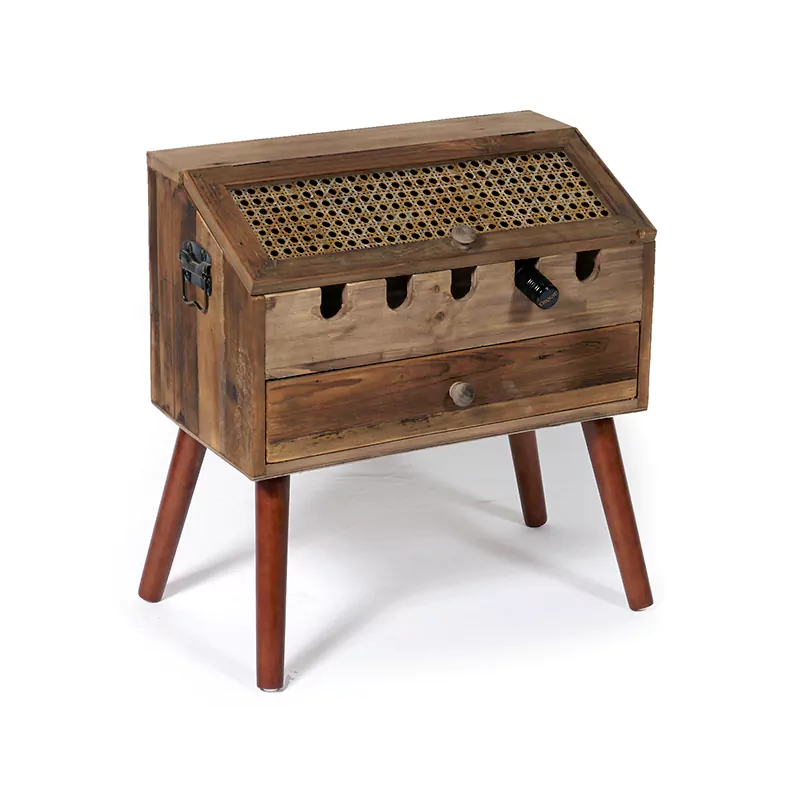 21.25"H Vintage Reclaimed Wood 4-Foot Wine Rack/Stand with Woven Bamboo Door