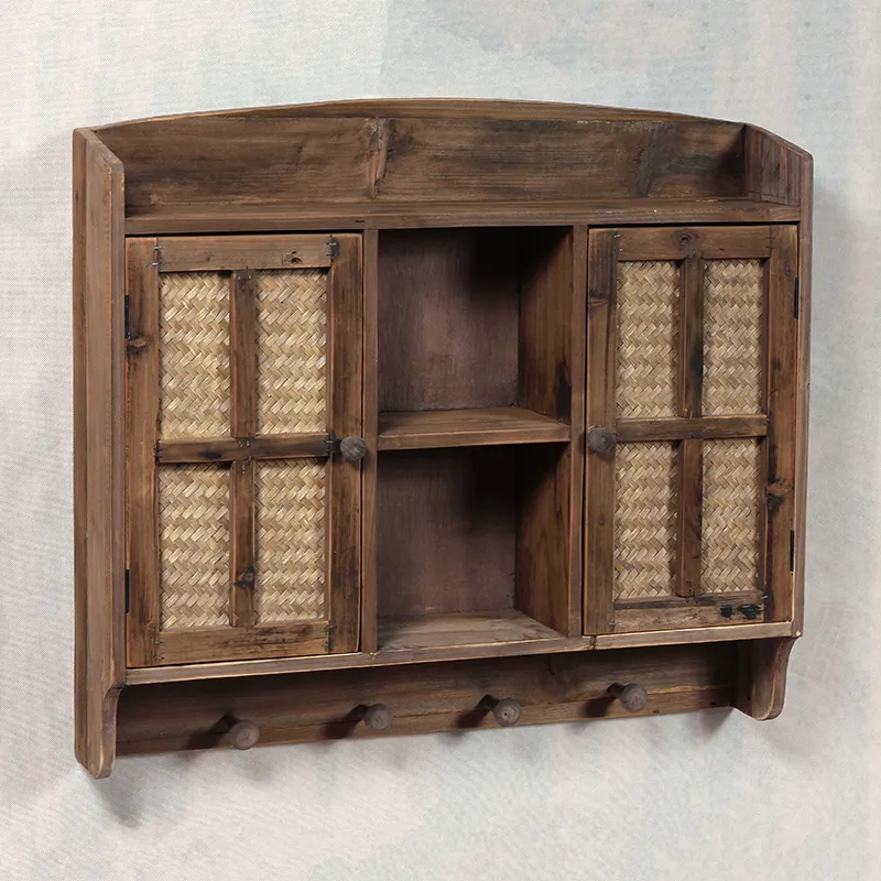 31.875"L Vintage Reclaimed Wood Wall Shelf with Woven Bamboo Door