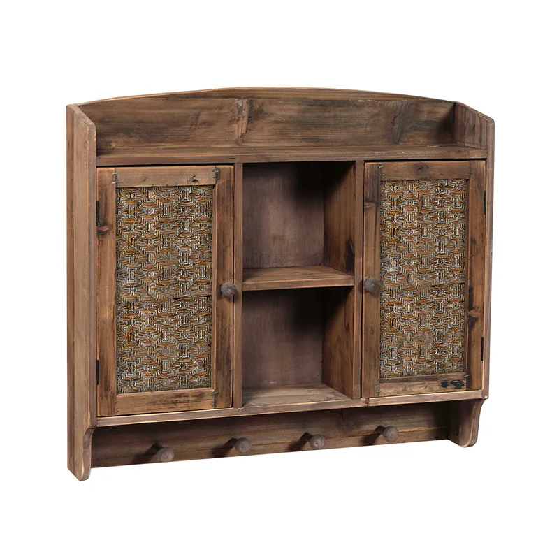 31.875"L Vintage Reclaimed Wood Wall Shelf with Woven Rattan Door