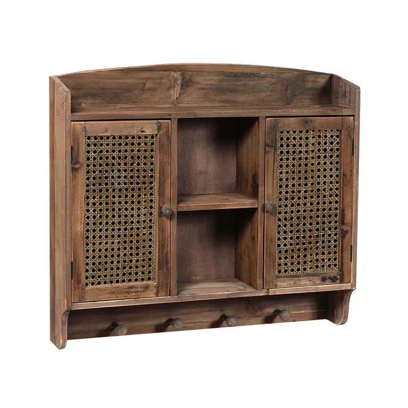 31.875"L Vintage Reclaimed Wood Wall Shelf with Woven Rattan Door
