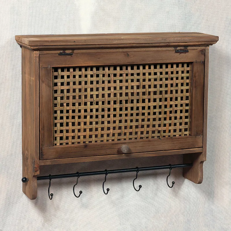 25.25"L Vintage Reclaimed Wood Wall Shelf with Woven Rattan Door