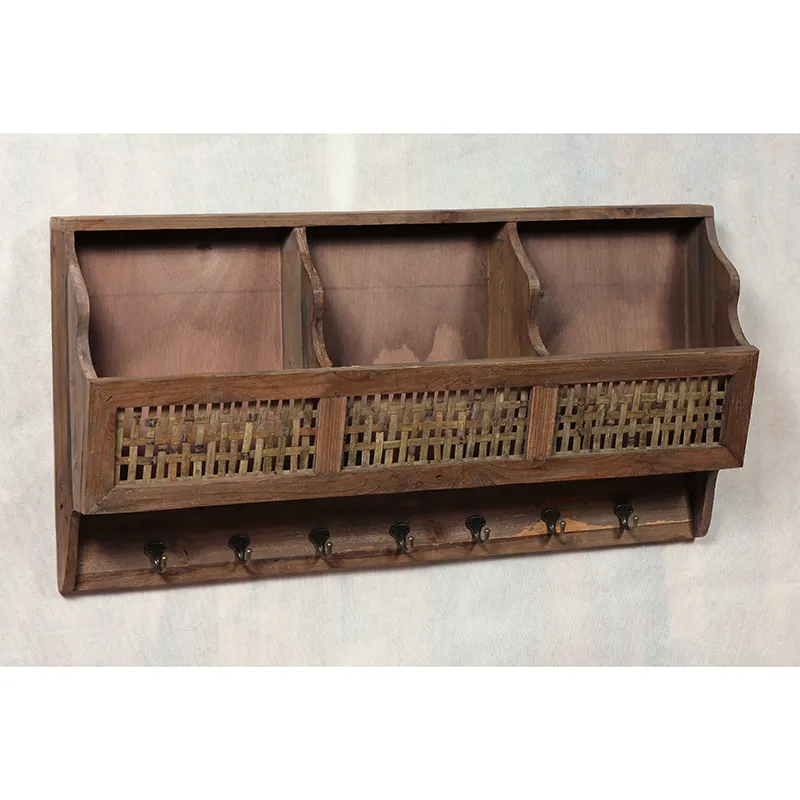 37.5"L Vintage Reclaimed Wood Wall Shelf with Woven Rattan Baskets