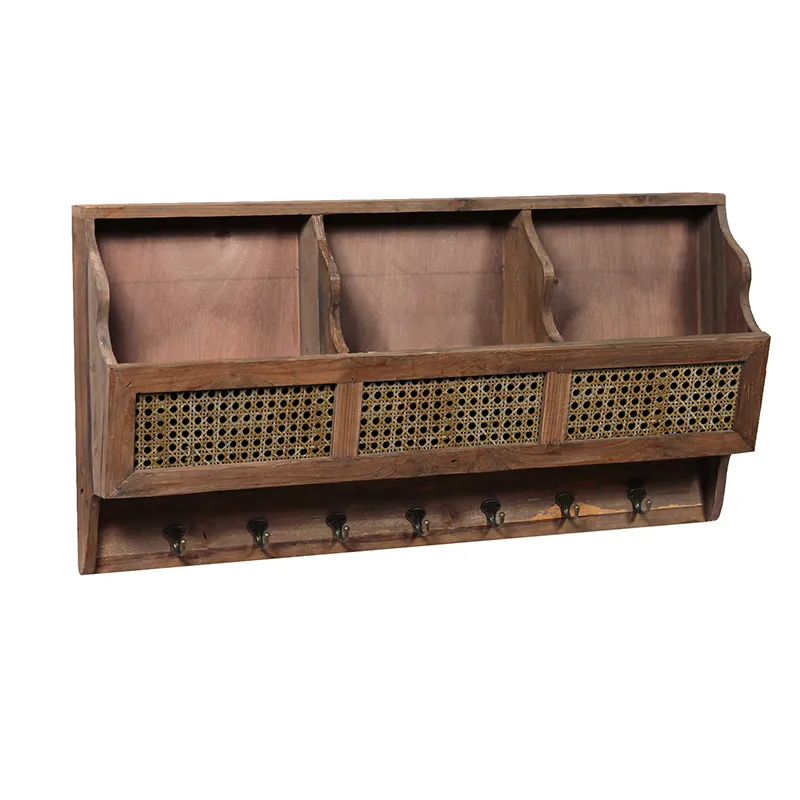 37.5"L Vintage Reclaimed Wood Wall Shelf with Woven Bamboo Baskets