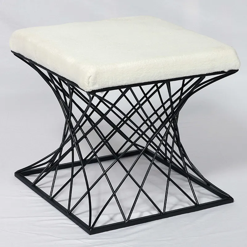 18.1"H Square Black Metal Accent Vanity Ottoman with White Fur Top