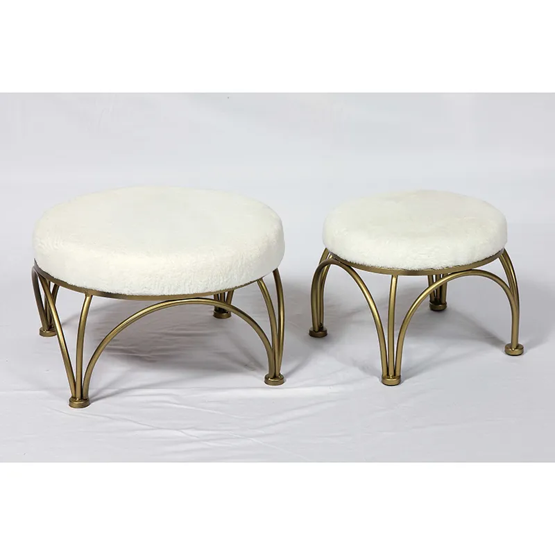 9.875"H Round White Tufted Ottomans with Gold Metal Foot, Set of 2