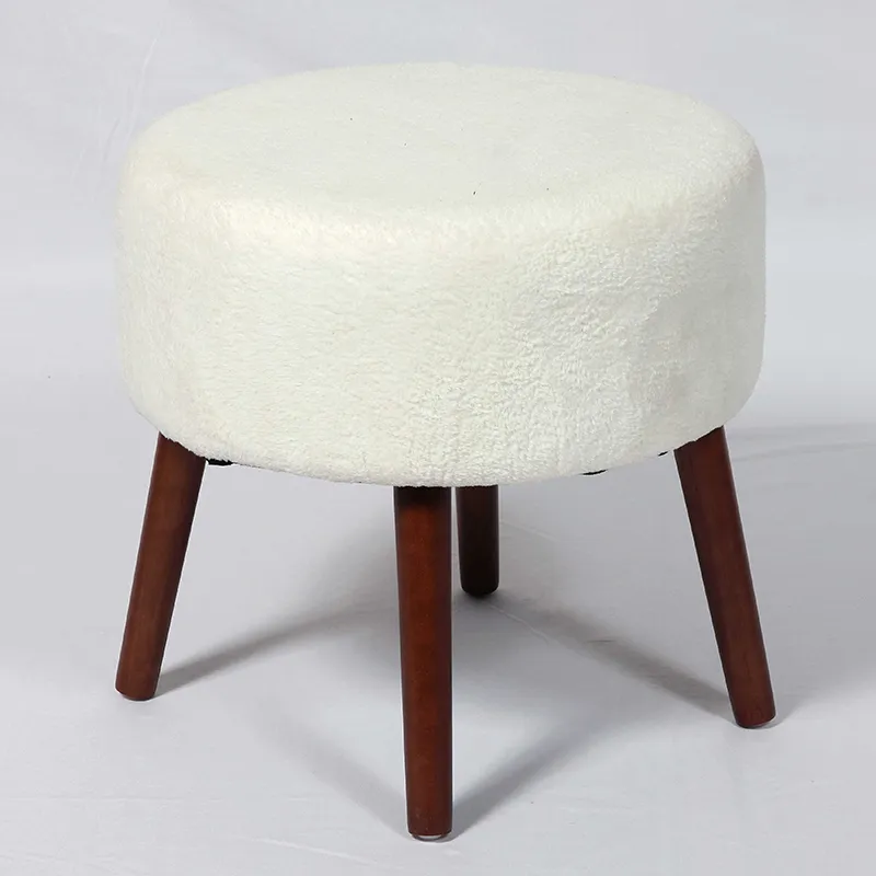 15.75"H Round Accent White Ottoman with 4 Pine Wood Feet
