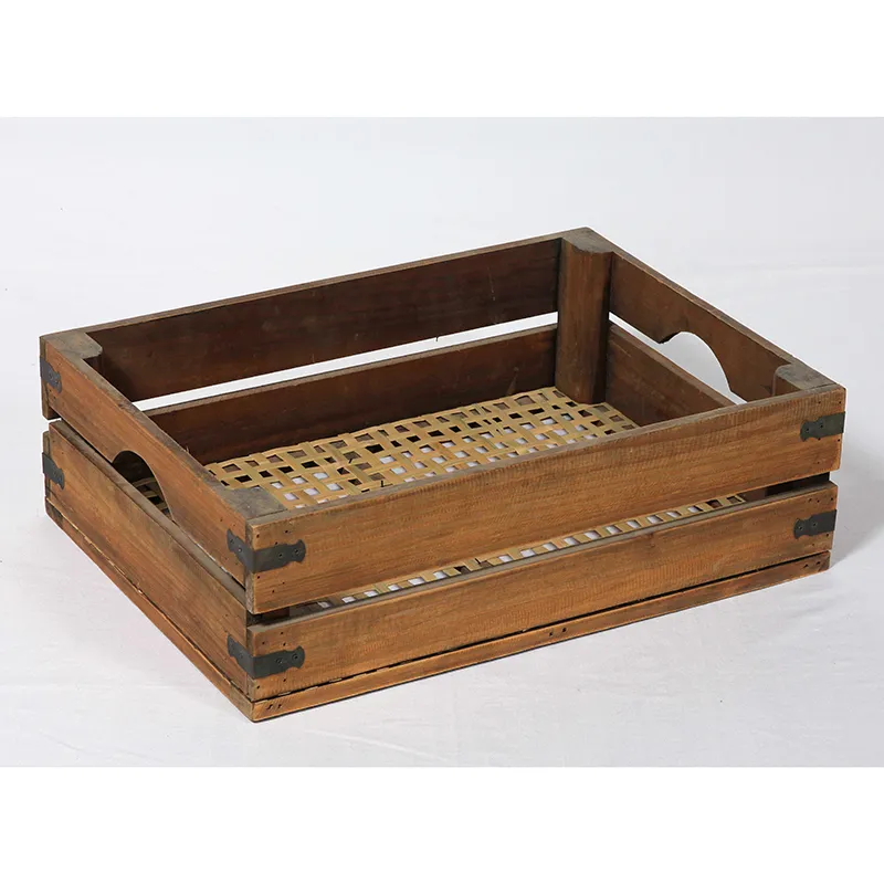19.75"L Reclaimed Wood Basket with Woven Rattan Bottom