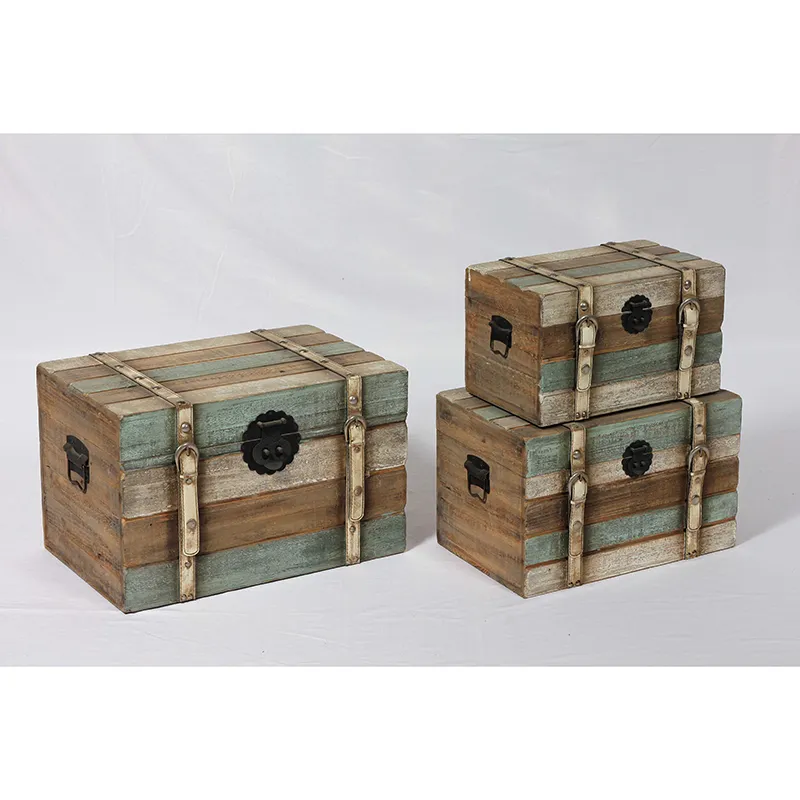 18.125"L Colored Reclaimed Wood Boxes with Decorative Hemp Ropes, Set of 3