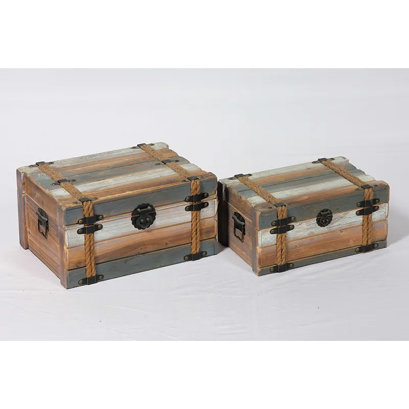 18.125"L Flat White Colored Reclaimed Wood Boxes  with Decorative Hemp Ropes, Set of 2