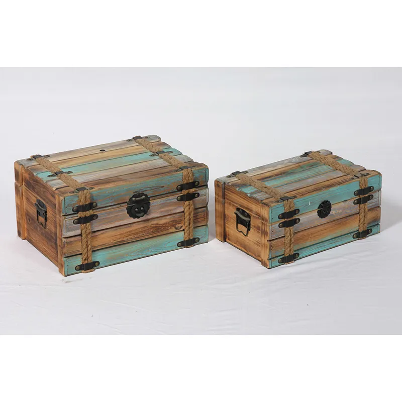 18.125"L Flat Cyan Colored Reclaimed Wood Boxes  with Decorative Hemp Ropes, Set of 2