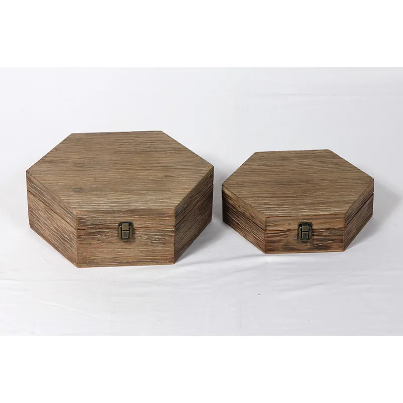 17"L Farmhouse Vintage Hexagonal Flat Wood Boxes, Set of 2