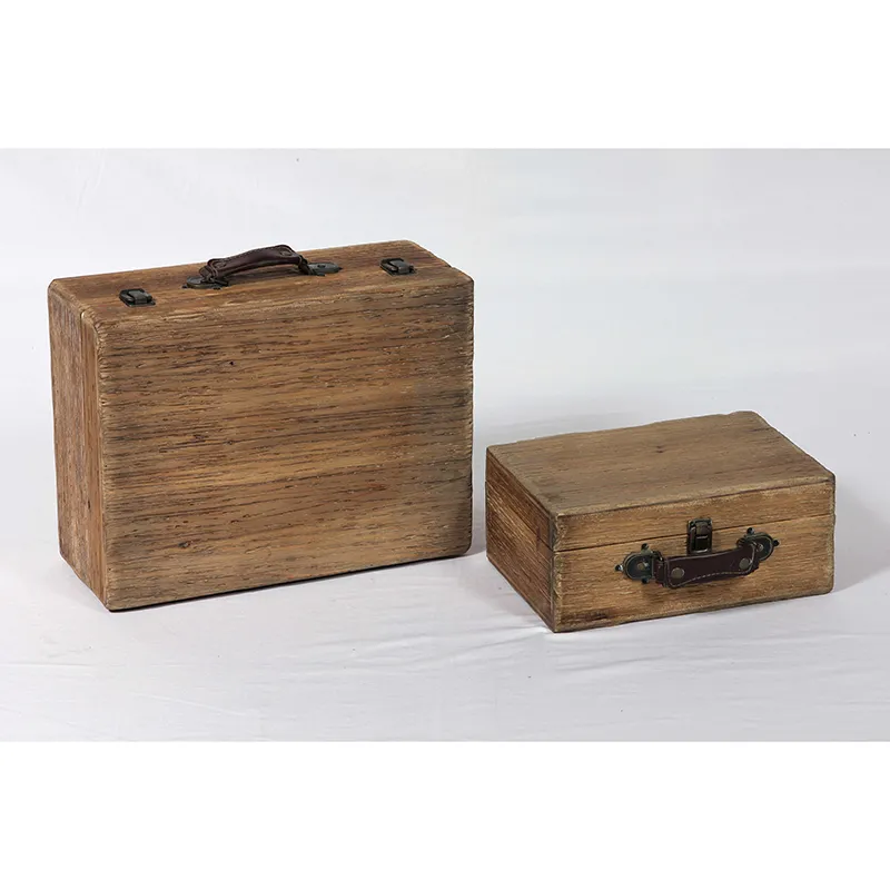 15.75"L Farmhouse Vintage Suitcase Wood Boxes with Leather Handles, Set of 2