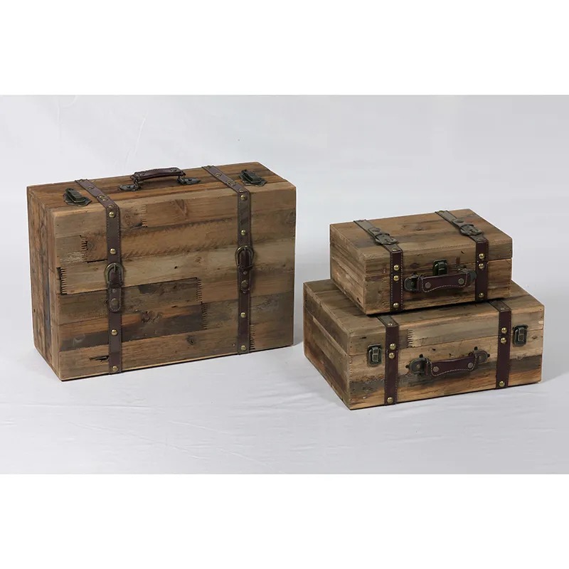 15.75"L Farmhouse Vintage Suitcase Reclaimed Wood Boxes with Decorative Leather Strips, Set of 3