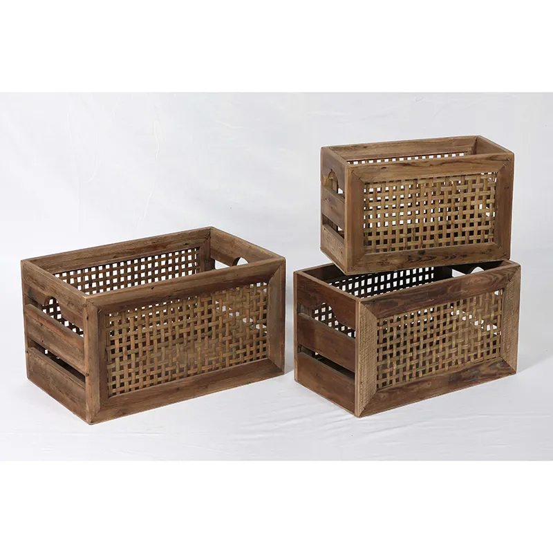 21.25"L Farmhouse Vintage Hollowing Wood Baskets with Woven Rattan Sides, Set of 3