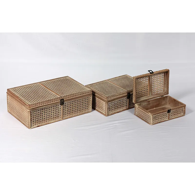 19"L Farmhouse Vintage Elegant Light Woven Bamboo Boxes, Set of 3
