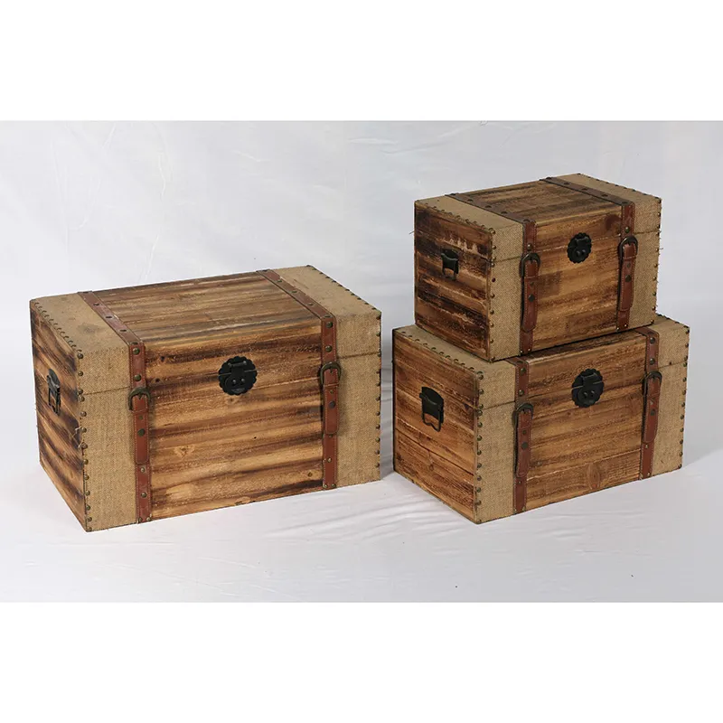 23.5"L Farmhouse Vintage Large Reclaimed Wood Boxes with Decorative Leather Belts, Set of 3