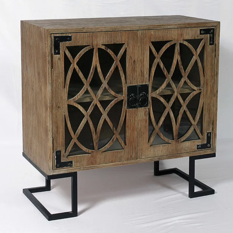 31.5"H Farmhouse Vintage Accent Wood Cabinet with Bent Feet, Doors with Decorative Pattern