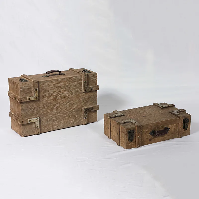 23.5"L Farmhouse Vintage Suitcase Wood Boxes with Leather Handles, Set of 2