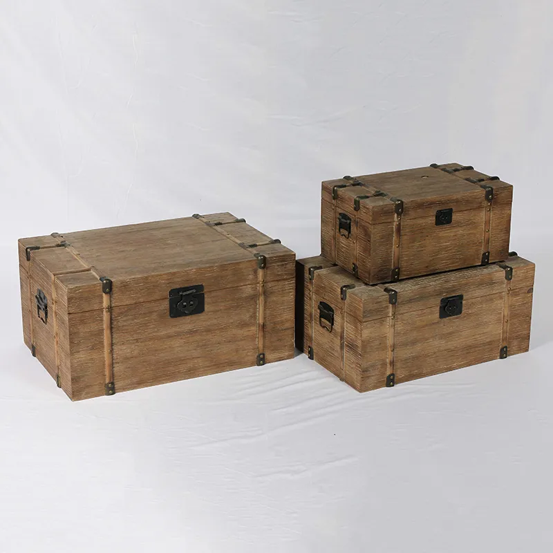 25.5"L Farmhouse Vintage Wood Boxes with Decorative Wood Strips, Set of 3