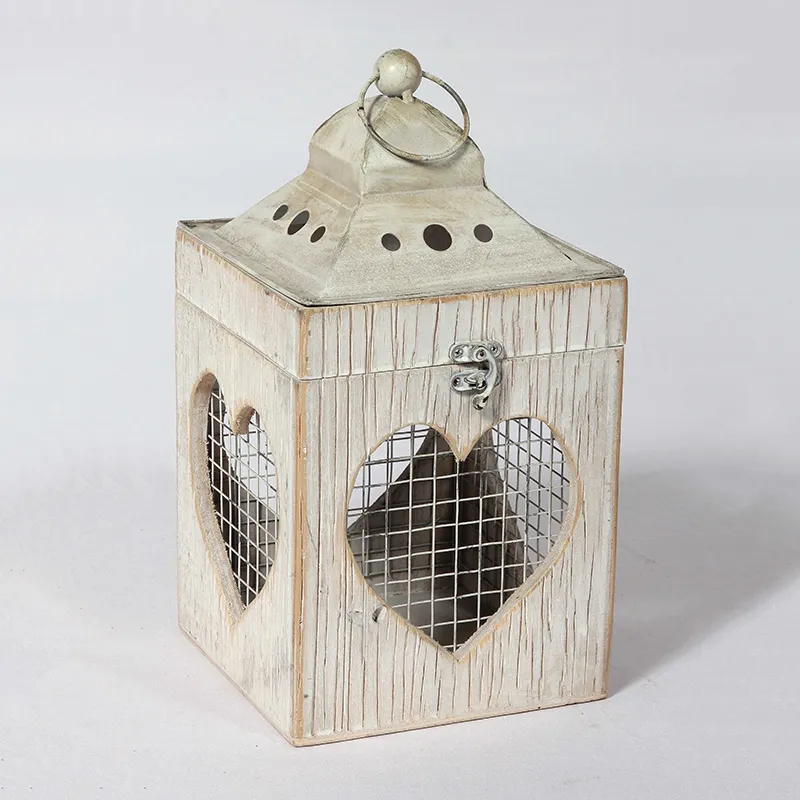 12.5"H Regular White Wash Lantern Candle Holder with Heart-Shaped Wired Sides