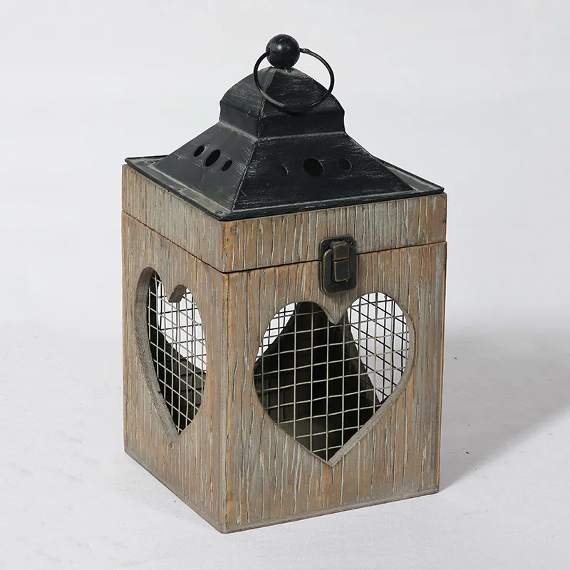 12.5"H Regular Brown Lantern Candle Holder with Heart-Shaped Wired Sides & Black Metal Top