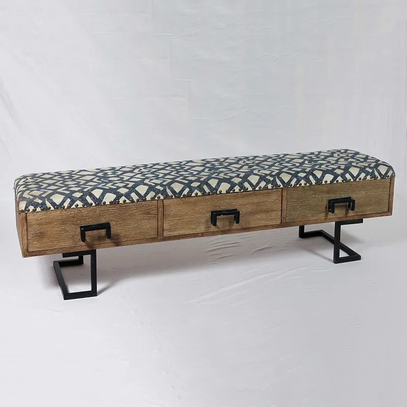 44.875"L Accent Long Bench with Black&White Polyester Velvet Top, 3 Wood Drawers