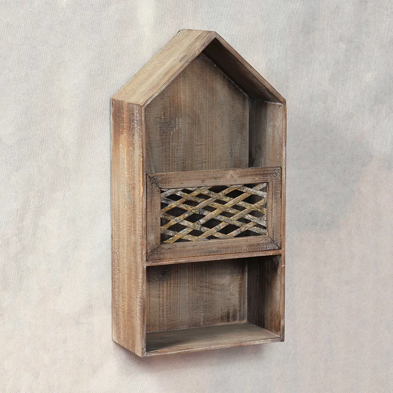 23.5"L House Shaped Wall Storage Shelf with Decorative Woven Rattan Front