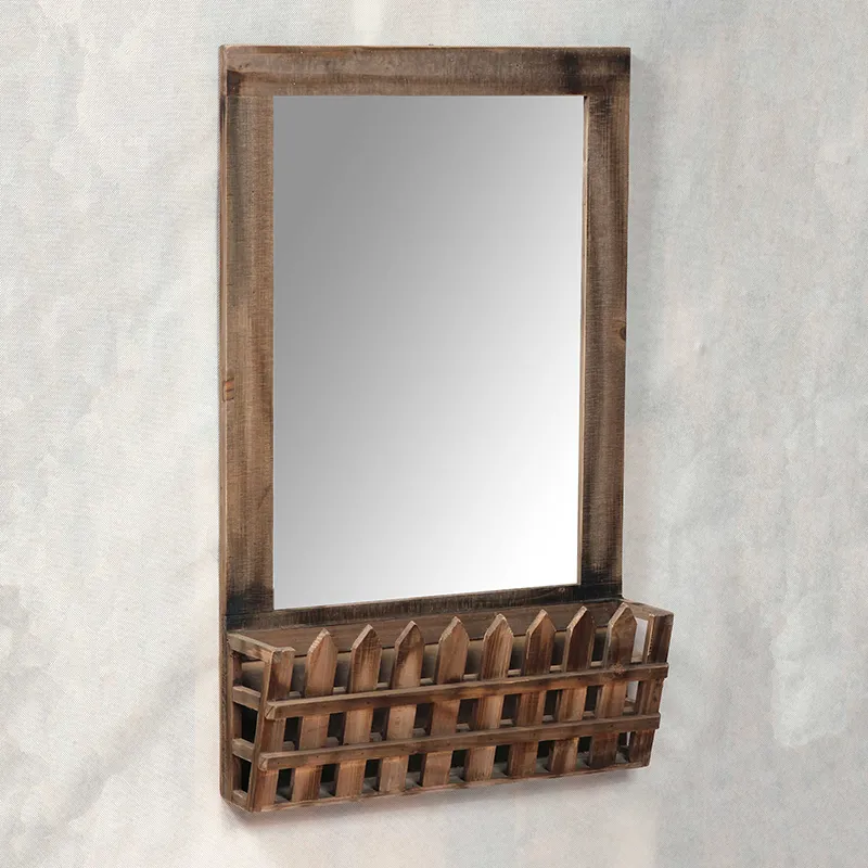 31.5"L Wall Storage Mirror with Decorative Wooden Fence