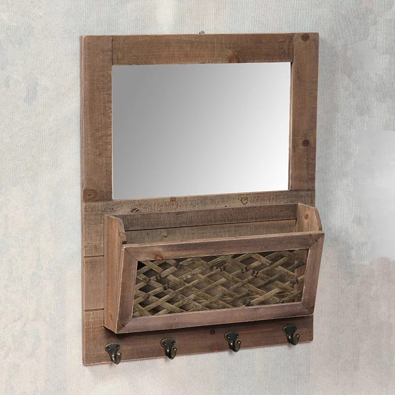 23.5"L Wall Storage Mirror with Woven Rattan Basket and Hooks